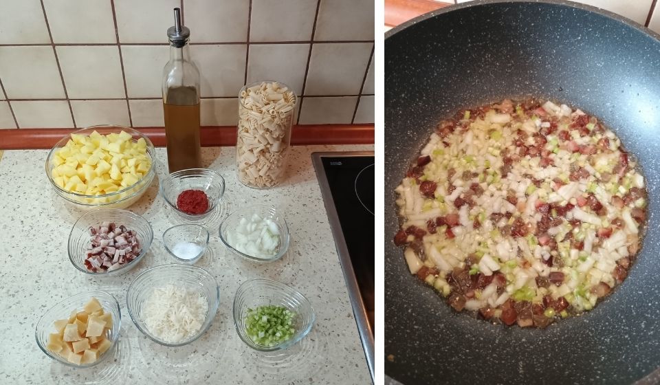 Ingredience na tradiční neapolské jídlo PASTA e PATATE nebo těstoviny s bramborami.